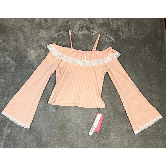 Romwe Kawaii Pink Contrast Lace Cold Shoulder Tee Womens S Coquette NWT - Picture 1 of 7
